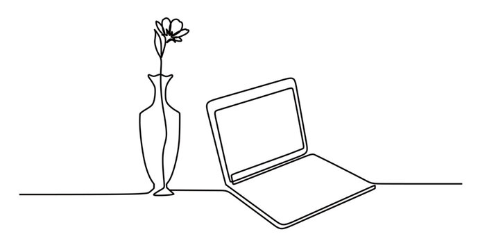 Continuous line art of a laptop and flowers. Comfortable workplace concept. Vector illustration.

