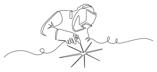 Continuous line art of a male construction worker welding and emitting sparks. Vector illustration