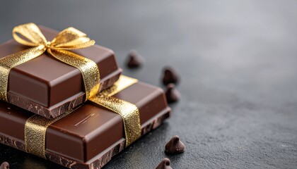 Close-up of luxury dark chocolate bars with golden wrapping, elegant composition