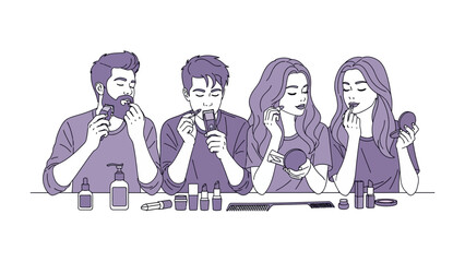 Diverse group of four young adults applying makeup and grooming themselves with various cosmetic products in a studio setting artistic illustration