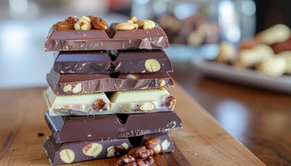 Stack of assorted gourmet chocolates with nuts and truffles on wooden board