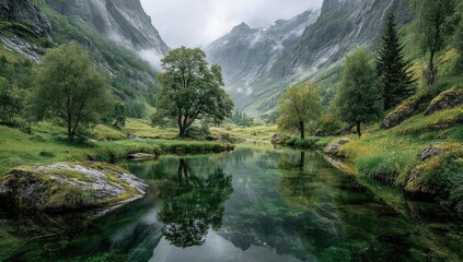 Serene mountain valley reflecting in a glassy pool