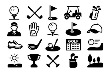 Golf icon set featuring silhouette equipment and symbols for sports enthusiasts