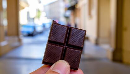 Hand holding piece of artisan dark chocolate with elegant blurred background