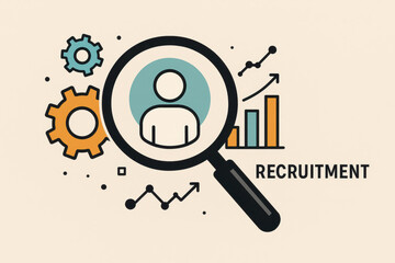 Recruitment process illustration showing employee selection with magnifying glass, gear, chart, and graph icons, representing analysis and evaluation in hiring for human resources