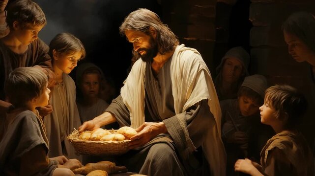Holy kindness: Jesus hands crust to begging child, representing blessed empathy, theological message, faith-driven service, sacred act, gospel mercy, scriptural grace, biblical scene merciful presence