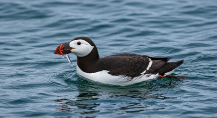 A Stunning Atlantic Puffin Swimming with a Silver Fish in its Beak