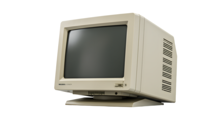 Vintage White CRT Monitor on White Background, Retro 90s Computer Technology, Studio Quality Commercial Photo. clipping path.