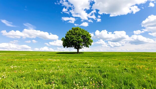 A lone tree in a vibrant meadow under a clear sky