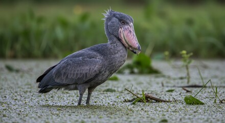 Obraz premium Majestic shoebill stork standing gracefully in a lush green wetland habitat