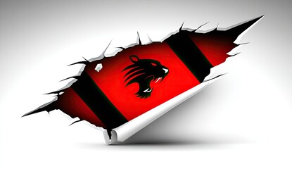 Ripped white paper reveals a red and black flag with a black panther head