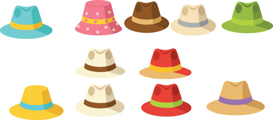 Flat Vector Illustration of Colorful Fedora and Sun Hats – Fashion Accessories for Summer, Travel, Casual Wear, Beach, and Design Use