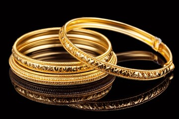 Golden bangles reflecting on black surface with intricate details