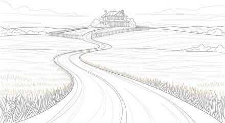 Fototapeta premium Rural Farmhouse and Winding Road Hand Drawn Illustration