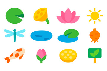 Bright and colorful pond life icons: nature and garden elements in flat style