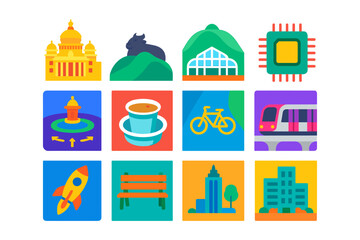 Fototapeta premium Colorful flat icons: city landmarks, transport, and technology