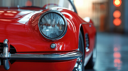Retro car moves along the autumn park street during the day, creating an autumn atmosphere.