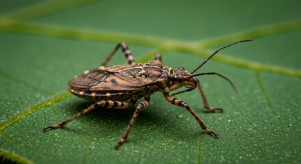 Close-up shot of a western leaf-footed bug resting on a vibrant green leaf showcasing its intricate details and natural habitat
