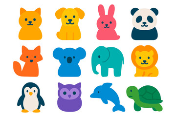 Fototapeta premium Colorful cartoon animal set with cute cat, dog, rabbit, and more in flat style