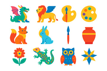 Colorful animal and art icons set for creative projects