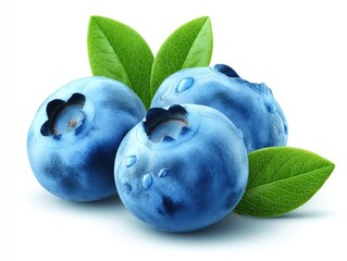 Obraz premium Fresh blueberries with leaves, close-up, isolated on white