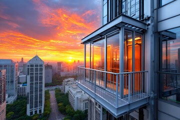 Obraz na płótnie Canvas Modern elevator overlooking vibrant cityscape at sunset