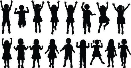 Silhouettes of children playing, jumping, and posing, active kids vector illustration, youth activity design, playful boys and girls in various stances