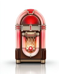 Retro jukebox with red accents, illuminated interior