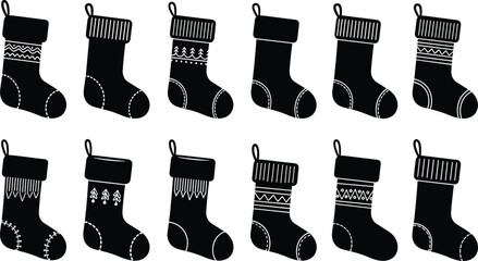 Set of Christmas stocking vector illustrations, black and white holiday socks with decorative patterns, festive winter design elements for seasonal, celebration, and decoration projects