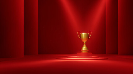 Golden trophy displayed on a vibrant red stage with spotlighted steps, symbolizing achievement and victory. Creates a sense of honor, competition, and celebration.