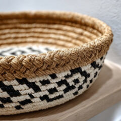 Obraz premium Woven basket with black and white pattern on wooden shelf.