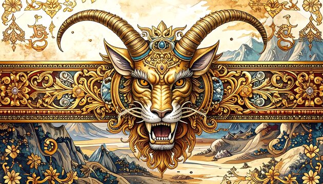 Golden mythical creature head with ornate frame - Powered by Adobe