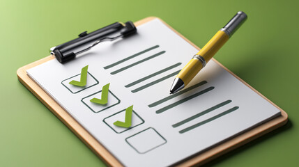 A clipboard featuring a completed checklist accompanied by a yellow pen, placed on a vibrant green surface. Represents task completion, organization, and productivity in a visually appealing manner
