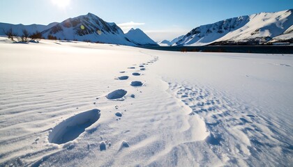 A snow-covered terrain stretches towards distant mountains under a bright sun.