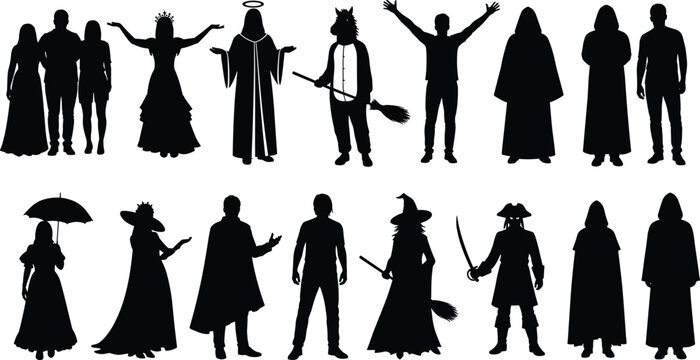 Halloween costume silhouettes vector set, witch, pirate, angel, cloaked figure, fantasy, historical, cosplay characters, spooky party, theatrical dress‑up clipart