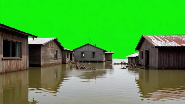 houses dip in flood with green screen