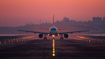 Passenger airplane preparing for departure on runway with vivid, colorful sunset in the background. Perfect imagery for concepts of travel, aviation, and breathtaking scenery.