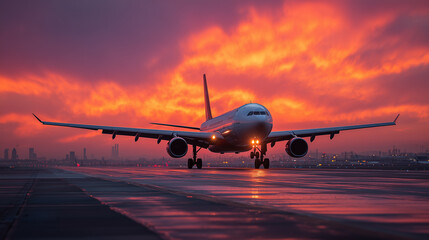 Obraz premium A commercial airplane prepared for flight on a runway with picturesque sunset background. vibrant colors illuminate scene, emphasizing aviation technology and beauty of travel at scenic hours