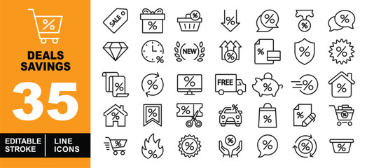 Deals Savings line icon set. Cart, tag, gift, basket, arrow, bubble, badge, diamond, clock, new, card, shield, receipt, refresh, computer and more. Editable stroke icons collection.