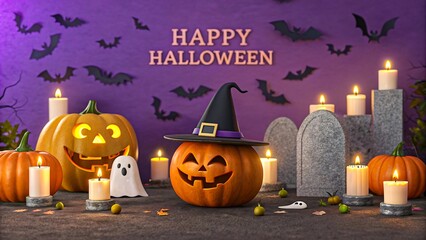 Photorealistic digital art of spooky Halloween scene with pumpkin, bat, ghost, candle, and tombstone under dark eerie atmosphere with cinematic 4K lighting 

