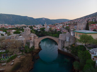 Aerial view of Mostar Bridge and Neretva River in Bosnia and Herzegovina