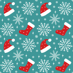 Santa Hats and Christmas Stockings Seamless Vector Pattern with Snowflakes