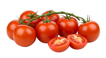 Vibrant Red Tomatoes on the Vine, Some Halved, on a Soft Red Background
