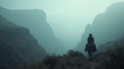 Fototapeta premium Misty Canyon Ride: A Solitary Horseman Maneuvering Through the Enigmatic Valley Landscape