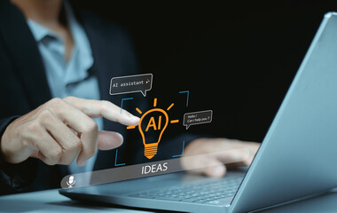 Businessman searching for the right AI assistant, symbolizing artificial intelligence solutions for work efficiency, idea generation, and innovative technology in modern business.