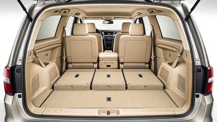 Spacious luxurious SUV interior with beige leather seating, sleek modern design, premium upscale comfort, versatile roomy layout and high-end cargo capacity 
