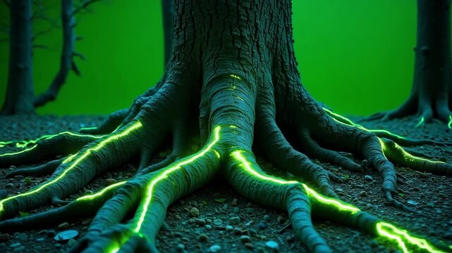 neon lights in the branches of the tree with green background
