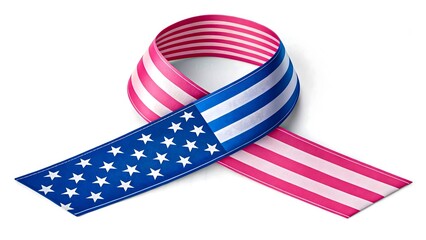 3D rendering of American flag ribbon with waving flag, patriotic red white and blue symbol, photorealistic design with high detail and realistic volumetric lighting 
