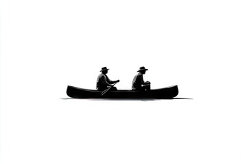 Naklejka premium Two figures in a canoe, silhouetted against a white background.
