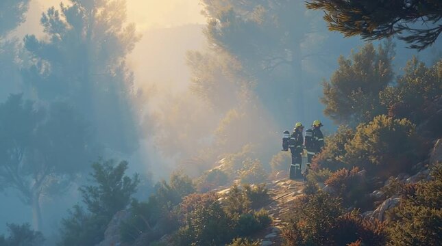Firefighters walking through a misty forest.